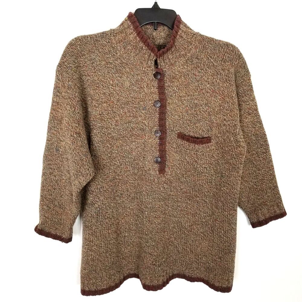 VTG Eddie Bauer Women 100% Wool Button Neck Sweater Sz M Brown Pullover Classic